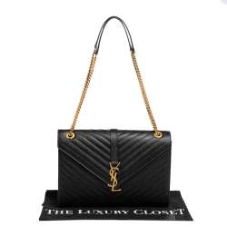 Pre Owned حقيبة كتف سان لوران إنفيلوب جلد شيفرون مبطن مونوغرامي أسود 