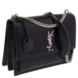 Pre Owned Saint Laurent Black Croc Embossed Leather Large Sunset Shoulder Bag