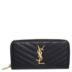 مملوكة مسبقًا Saint Laurent Black Matelassé Leather Monogram Zip Around Wallet