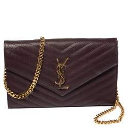 مملوكة مسبقًا Saint Laurent Burgundy Matelassé Leather Monogram Envelope Wallet on Chain