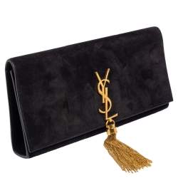 Pre Owned Saint Laurent Black Suede Cassandre Tassel Clutch