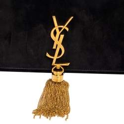 Pre Owned Saint Laurent Black Suede Cassandre Tassel Clutch