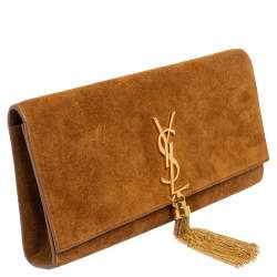 Pre Owned Saint Laurent Tan Suede Cassandre Tassel Clutch