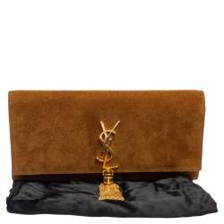 Pre Owned Saint Laurent Tan Suede Cassandre Tassel Clutch