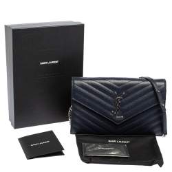 Pre Owned Saint Laurent Navy Blue Matelassé Leather Monogram Envelope Wallet on Chain