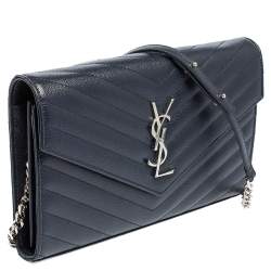 Pre Owned Saint Laurent Navy Blue Matelassé Leather Monogram Envelope Wallet on Chain