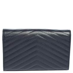 Pre Owned Saint Laurent Navy Blue Matelassé Leather Monogram Envelope Wallet on Chain
