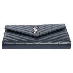 Pre Owned Saint Laurent Navy Blue Matelassé Leather Monogram Envelope Wallet on Chain