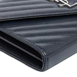 Pre Owned Saint Laurent Navy Blue Matelassé Leather Monogram Envelope Wallet on Chain