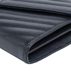 Pre Owned Saint Laurent Navy Blue Matelassé Leather Monogram Envelope Wallet on Chain