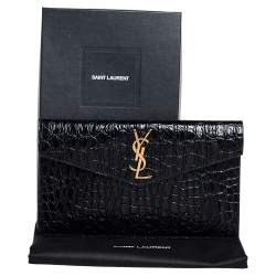 Pre Owned Saint Laurent Black Croc Embossed Leather Uptown Clutch