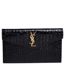 Pre Owned Saint Laurent Black Croc Embossed Leather Uptown Clutch