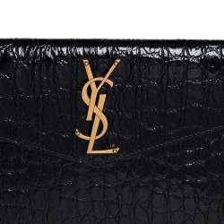 Pre Owned Saint Laurent Black Croc Embossed Leather Uptown Clutch