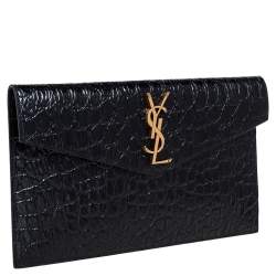 Pre Owned Saint Laurent Black Croc Embossed Leather Uptown Clutch