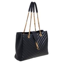 مملوكة مسبقًا Saint Laurent Black Matelassé Leather Monogram Shopper Tote