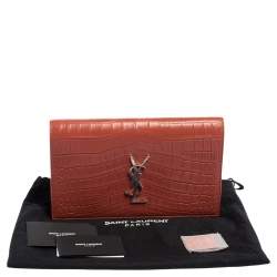 Pre Owned Saint Laurent Copper Brown Croc Embossed Leather Monogram Clutch 