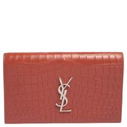 Pre Owned Saint Laurent Copper Brown Croc Embossed Leather Monogram Clutch 