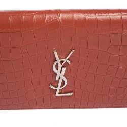 Pre Owned Saint Laurent Copper Brown Croc Embossed Leather Monogram Clutch 