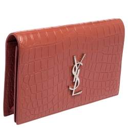 Pre Owned Saint Laurent Copper Brown Croc Embossed Leather Monogram Clutch 