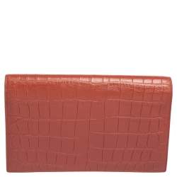 Pre Owned Saint Laurent Copper Brown Croc Embossed Leather Monogram Clutch 
