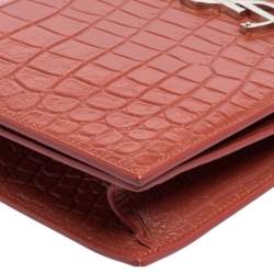 Pre Owned Saint Laurent Copper Brown Croc Embossed Leather Monogram Clutch 