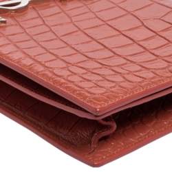Pre Owned Saint Laurent Copper Brown Croc Embossed Leather Monogram Clutch 