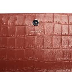 Pre Owned Saint Laurent Copper Brown Croc Embossed Leather Monogram Clutch 