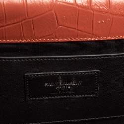 Pre Owned Saint Laurent Copper Brown Croc Embossed Leather Monogram Clutch 