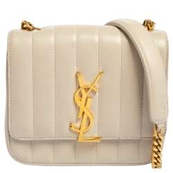 Authentic large NWT YSL Saint Laurent quilted flap Vicky Shoulder Bag purse  tan