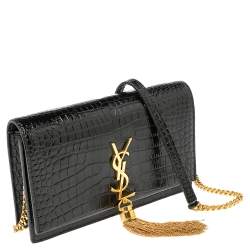مملوكة مسبقًا Saint Laurent Black Croc Embossed Leather Kate Wallet On Chain
