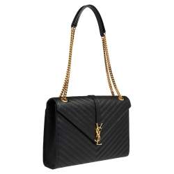 Pre Owned Saint Laurent Black Chevron Quilted Leather Monogram Envelope Shoulder Bag