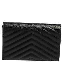 Pre Owned Saint Laurent Black Matelassé Leather Monogram Envelope Wallet on Chain
