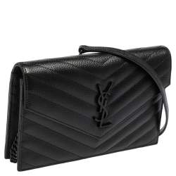 Pre Owned Saint Laurent Black Matelassé Leather Monogram Envelope Wallet on Chain