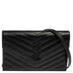 Pre Owned Saint Laurent Black Matelassé Leather Monogram Envelope Wallet on Chain