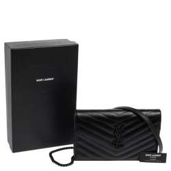 Pre Owned Saint Laurent Black Matelassé Leather Monogram Envelope Wallet on Chain