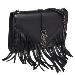 مملوكة مسبقًا Saint Laurent Black Leather Medium Fringe Envelope Shoulder Bag