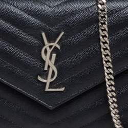 Pre Owned محفظة سان لوران إنفيلوب جلد أسود ماتيلاس أسود مونوغرامي بسلسلة