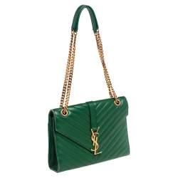 Pre Owned Saint Laurent Green Chevron Leather Medium Cassandre Flap Shoulder Bag
