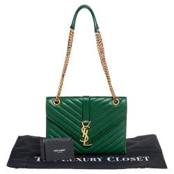 Pre Owned Saint Laurent Green Chevron Leather Medium Cassandre Flap Shoulder Bag