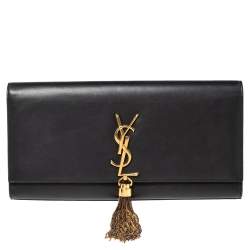 مملوكة مسبقًا حقيبة كلتش سان لوران كيت جلد أسود مزينة دلاية بشراشيب