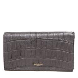 Pre Owned Saint Laurent Grey Croc Embossed Leather Flap Wallet