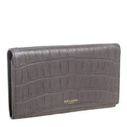 Pre Owned Saint Laurent Grey Croc Embossed Leather Flap Wallet