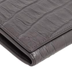 Pre Owned Saint Laurent Grey Croc Embossed Leather Flap Wallet