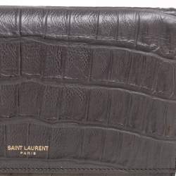 Pre Owned Saint Laurent Grey Croc Embossed Leather Flap Wallet