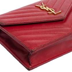 Pre Owned Saint Laurent Red Leather Monogram Wallet on Chain