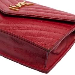 Pre Owned Saint Laurent Red Leather Monogram Wallet on Chain