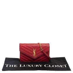 Pre Owned Saint Laurent Red Leather Monogram Wallet on Chain
