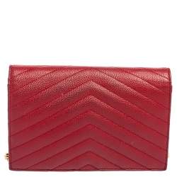 Pre Owned Saint Laurent Red Leather Monogram Wallet on Chain