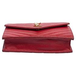 Pre Owned Saint Laurent Red Leather Monogram Wallet on Chain