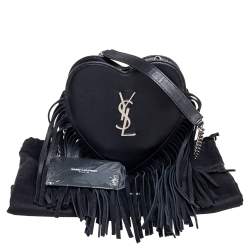 Pre Owned Saint Laurent Black Leather Monogram Heart Fringe Shoulder Bag